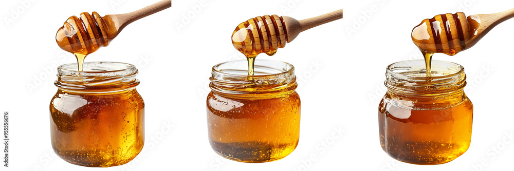 set of A Honey dripping from a wooden spoon over a glass jar, on a transparent background set of A Honey dripping from a wooden spoon over a glass jar, on a transparent background