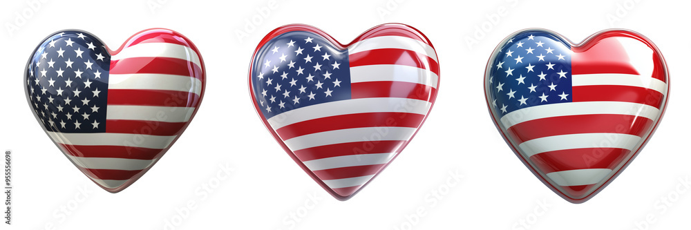 set of A 3D heart with American flag on a transparent background set of A 3D heart with American flag on a transparent background