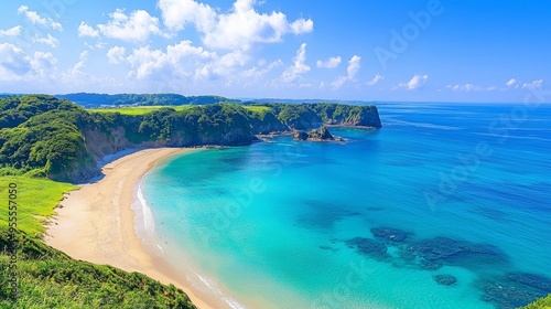 The blue water seascape is surrounded by green land coasts in this aerial view