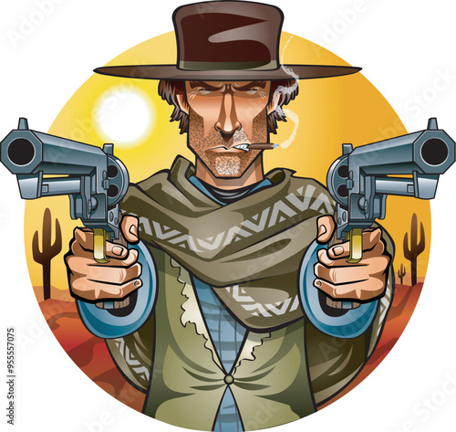 old wild west gunslinger holding two guns