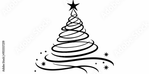 Minimalist Christmas tree. A simple, abstract Christmas tree design made with swirling black lines. Tree Drawing Winter Christmas Vector Silhouette