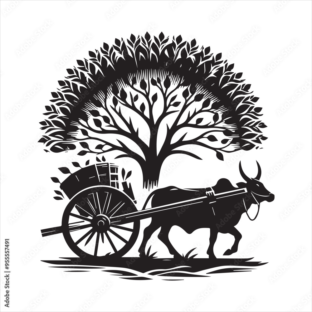 Fototapeta premium bullock cart wheel silhouette vector With White Background 