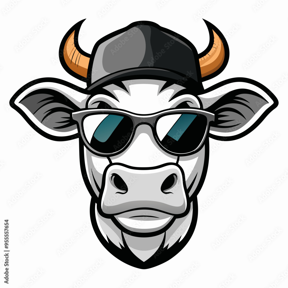 Vector Art Cow Head with Cap and Sunglasses in Black & White Vector Art Cow Head with Cap and Sunglasses in Black & White