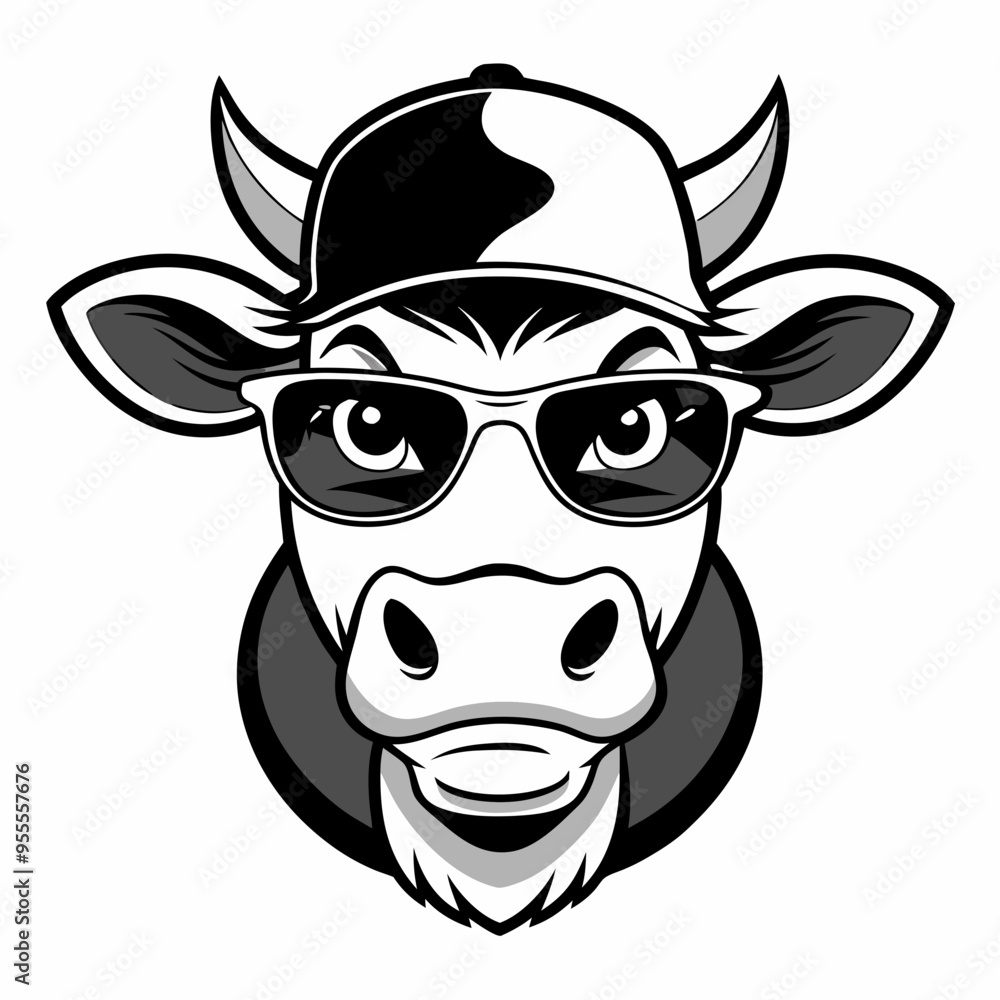 Vector Art Cow Head with Cap and Sunglasses in Black & White