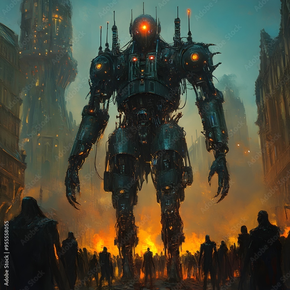 Fototapeta premium Cyborg Vampire Overlord Presiding Over Dystopian City Horde of Technologically Enhanced Undead