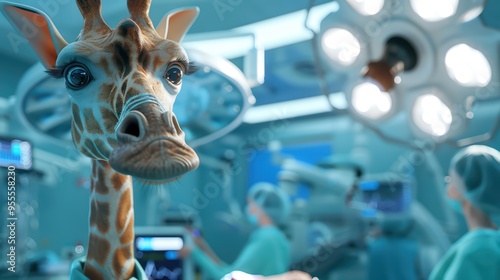 A whimsical scene of a giraffe in a surgical room, combining humor and medical themes in a creative, surreal setting. photo