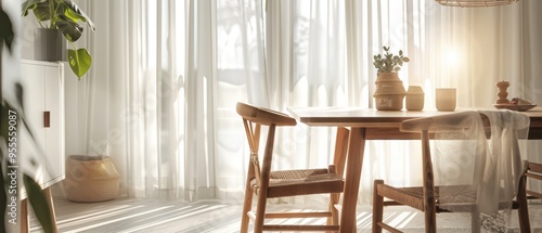 Bright and airy dining space featuring wooden chairs and soft curtains  perfect for cozy meals and gatherings.
