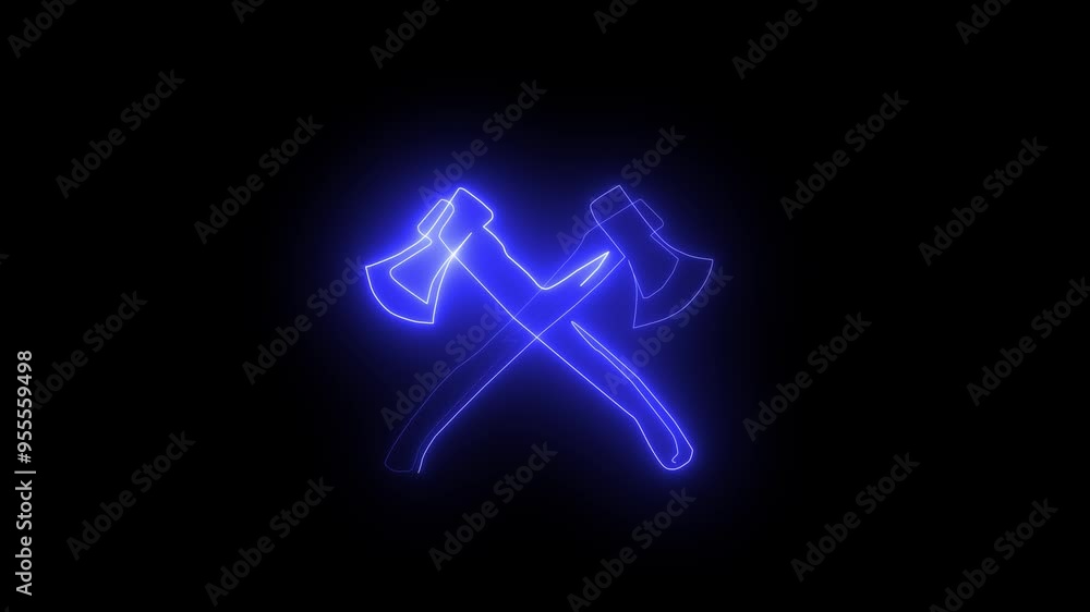 Glowing neon line Crossed wooden axe icon isolated on black background. Lumberjack axe, Battle axe, executioner axe, digital money market ,Medieval weapon, 4K Video motion graphic animation. Glowing neon line Crossed wooden axe icon isolated on black background. Lumberjack axe, Battle axe, executioner axe, digital money market ,Medieval weapon, 4K Video motion graphic animation.