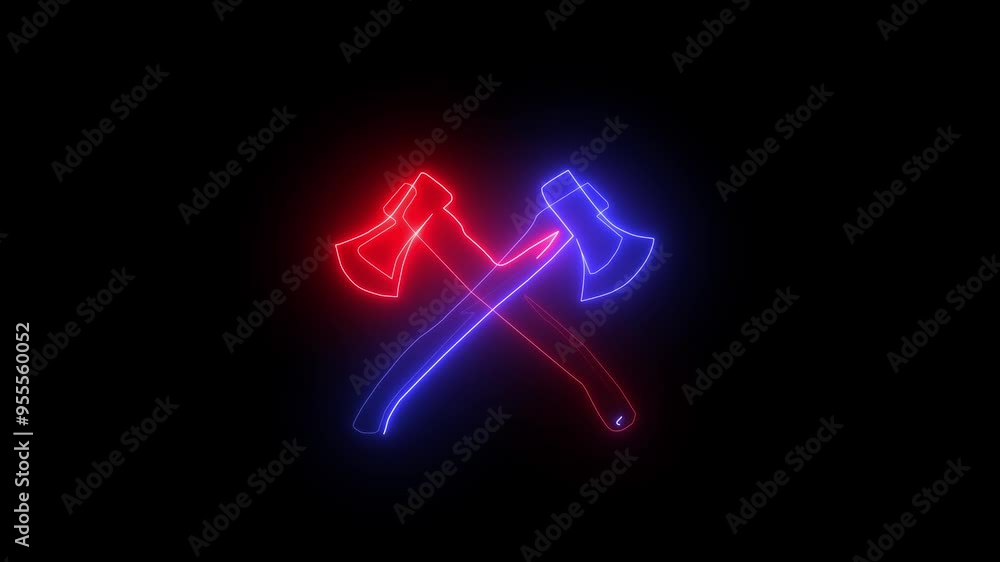 Glowing neon line Crossed wooden axe icon isolated on black background. Lumberjack axe, Battle axe, executioner axe, Medieval weapon, 4K Video motion graphic animation. Glowing neon line Crossed wooden axe icon isolated on black background. Lumberjack axe, Battle axe, executioner axe, Medieval weapon, 4K Video motion graphic animation.