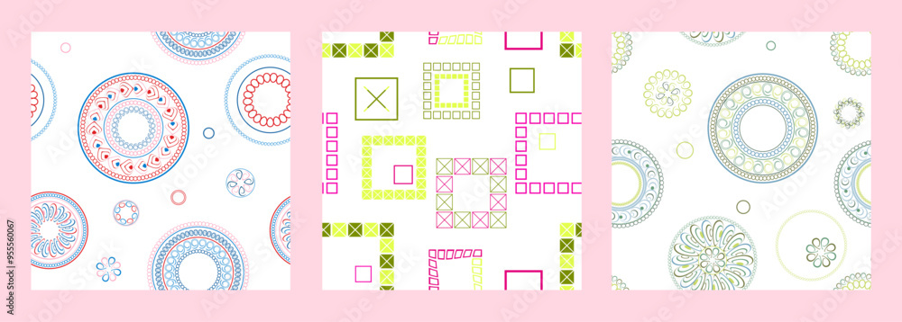 Fototapeta premium Seamless pattern of geometric shapes. Bright seamless pattern. Set of 3 patterns. Design for fabric, wallpaper, wrapping paper. Vector