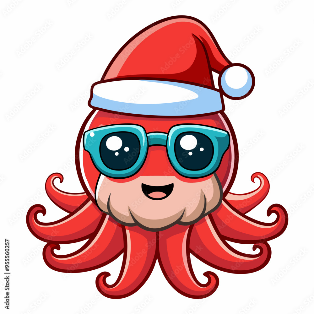 Vector Art Funny Cartoon Christmas Baby Octopus in Santa Hat and Sunglasses, Clipart on White Background Vector Art Funny Cartoon Christmas Baby Octopus in Santa Hat and Sunglasses, Clipart on White Background