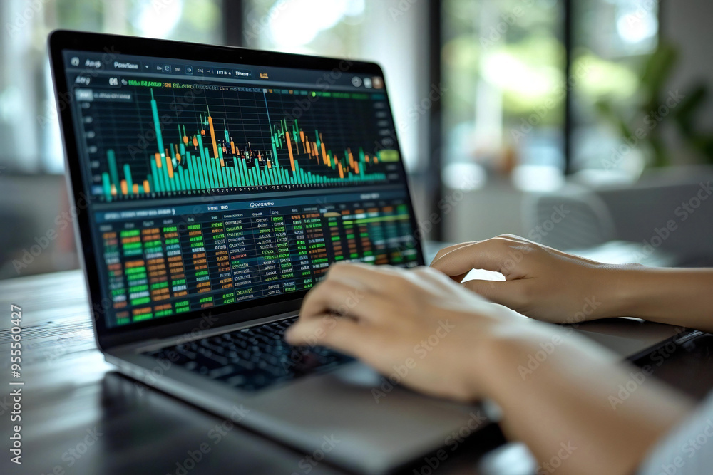businesswoman using a laptop to analyze stock data and key performance indicators on a business analytics dashboard in a modern office setting. businesswoman using a laptop to analyze stock data and key performance indicators on a business analytics dashboard in a modern office setting.