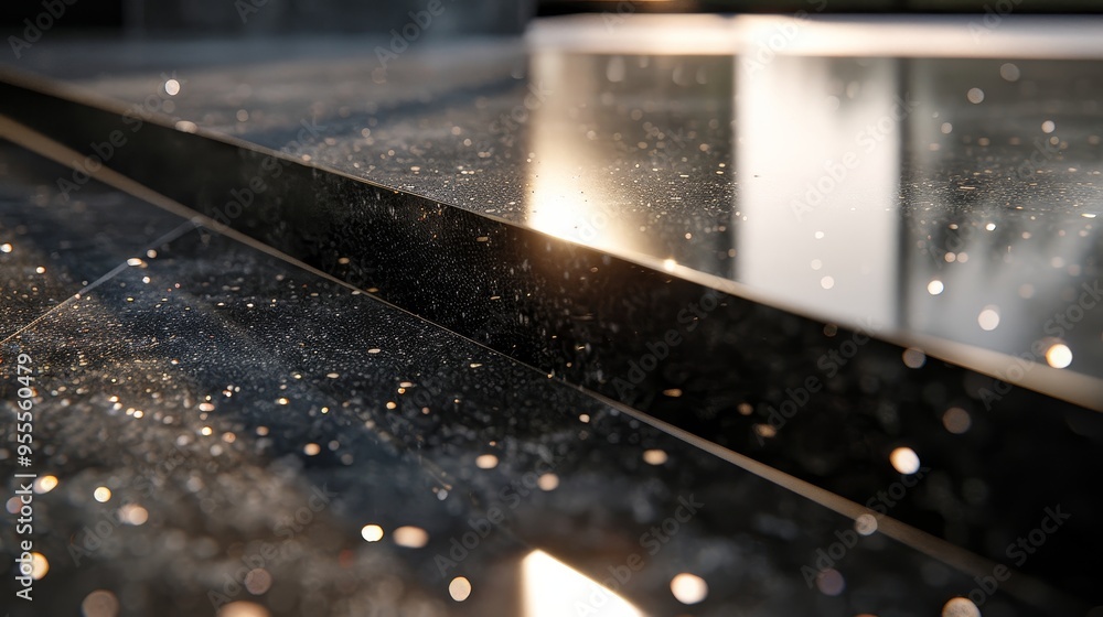 Elegant black granite surface with sparkling quartz accents and high gloss finish background Elegant black granite surface with sparkling quartz accents and high gloss finish background