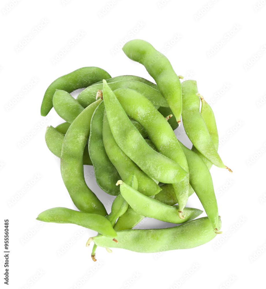 Raw green edamame pods isolated on white, top view Raw green edamame pods isolated on white, top view