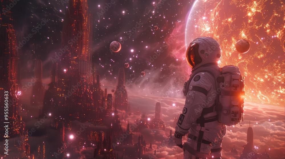 Fototapeta premium Astronaut Gazing at a Distant Cityscape on an Alien Planet