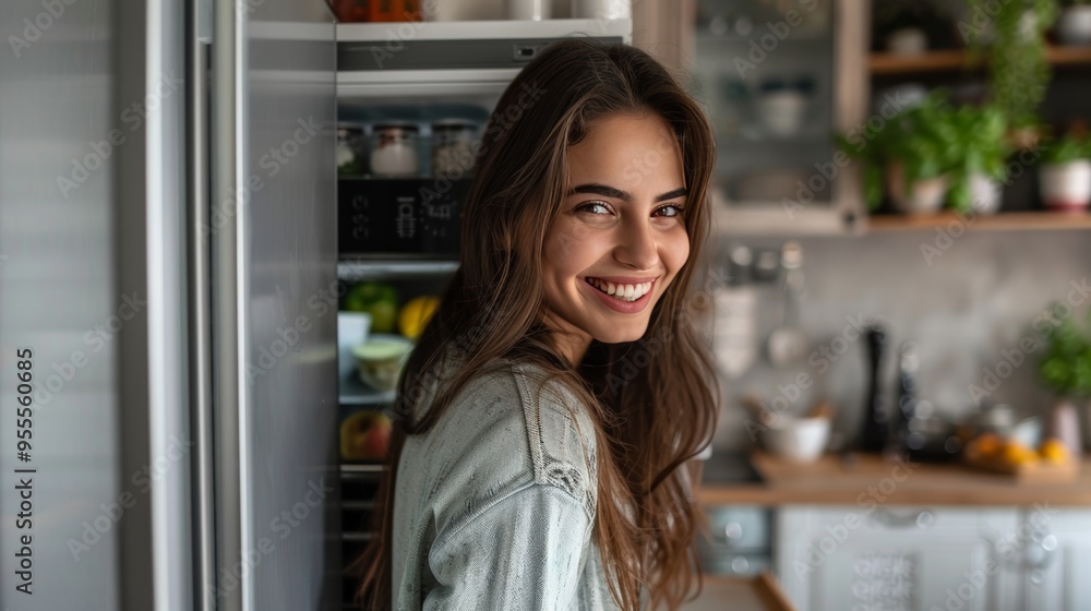 Joyful long haired woman in kitchen opening refrigerator door and smiling at the camera Joyful long haired woman in kitchen opening refrigerator door and smiling at the camera