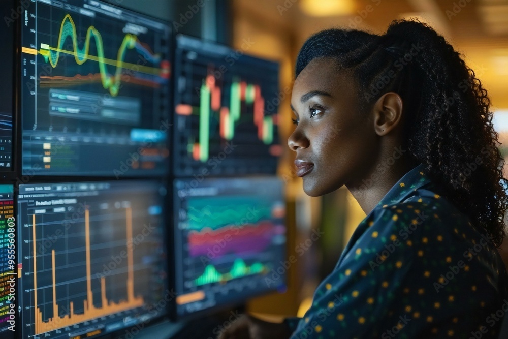 African American woman analyzing financial business analytics data on multiple screens in modern office setting. African American woman analyzing financial business analytics data on multiple screens in modern office setting.