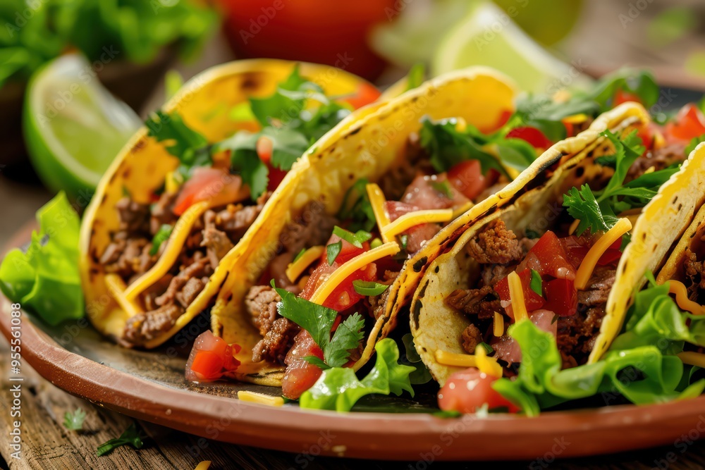 Delicious beef tacos topped with fresh lettuce, tomatoes, and cheese, served on a rustic wooden table with lime and herbs. Delicious beef tacos topped with fresh lettuce, tomatoes, and cheese, served on a rustic wooden table with lime and herbs.