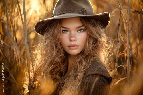 Woman wearing white vintage shirt with hat in autumn grassfield with gentle breeze