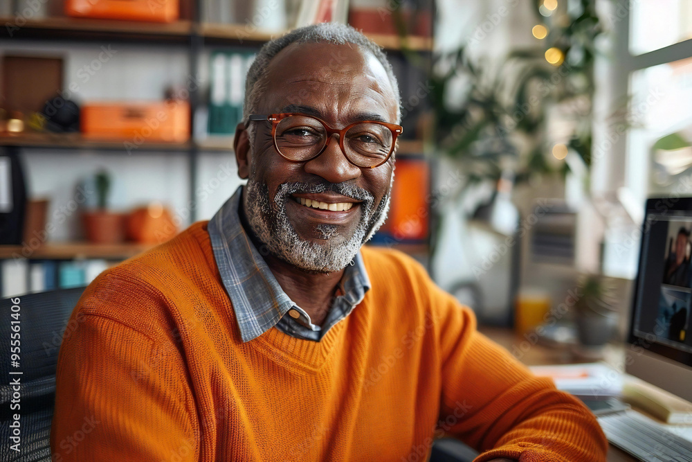 An African American man participating in an online video conference webinar from his home office. An African American man participating in an online video conference webinar from his home office.