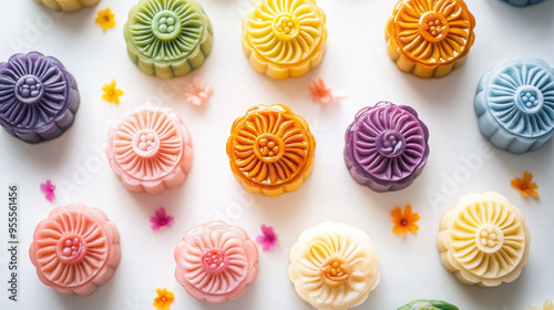 colorful mooncakes on white table, top view, stylish food photo, mid autumn festival, september 17, reunification day, traditional treat, food, baking, national meal, holiday, celebration