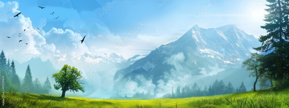 Fototapeta premium Nature celebration: mountain day, a tribute to beauty and significance of mountains, encouraging outdoor activities, conservation efforts, and appreciation of mountainous landscapes and ecosystems.
