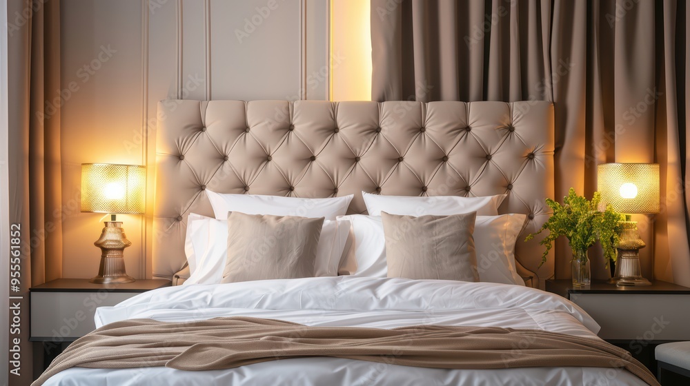 Elegant bedroom design featuring a plush headboard, soft linens, and warm lighting, perfect for stylish home interiors. Elegant bedroom design featuring a plush headboard, soft linens, and warm lighting, perfect for stylish home interiors.