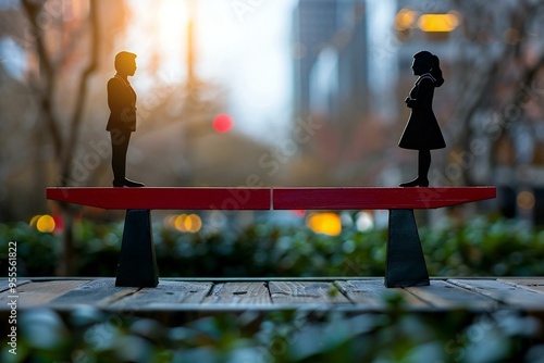 seesaw balancing with a man and a woman on each end, representing equal gender parity in the workplace.