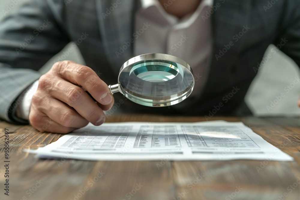 © Vera - photo of a person in a suit using a magnifying glass to examine financial documents related to a business fraud investigation. © Vera - photo of a person in a suit using a magnifying glass to examine financial documents related to a business fraud investigation.