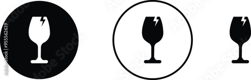 Packaging Sticker fragile handle with care icons set. warning label, fragile label with broken glass symbol, delivery shipping black vector flat and line collection isolated on transparent background.