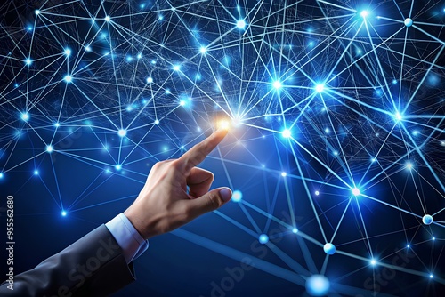 A businessman's hand reaching out to touch a glowing network connection symbolizes digital communication and connectivity Generative AI technology