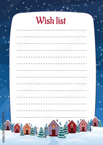 Christmas wish list template with holiday elements.  Vector illustration.