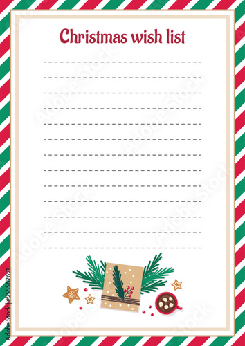 Christmas wish list template with holiday elements.  Vector illustration.