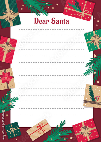 Christmas letter to Santa Claus template with holiday elements.  Vector illustration.