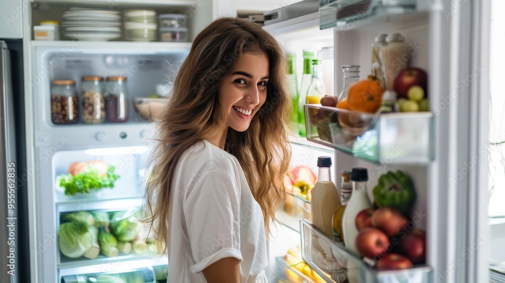 Joyful long haired woman smiling in kitchen while opening large refrigerator door Joyful long haired woman smiling in kitchen while opening large refrigerator door