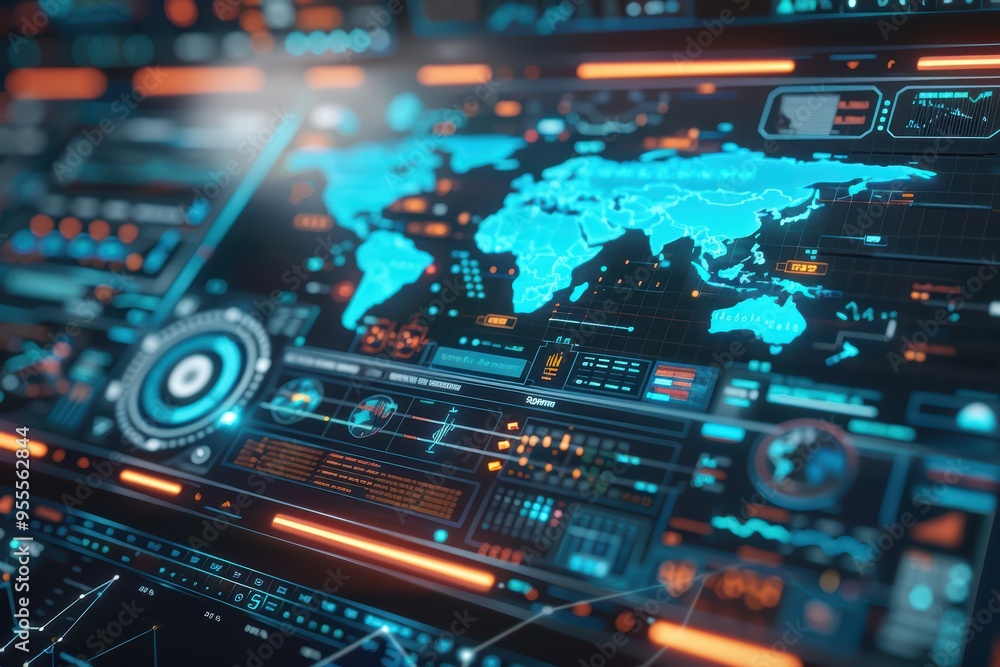 Futuristic digital world map interface with glowing elements for data visualization and technology applications. Futuristic digital world map interface with glowing elements for data visualization and technology applications.