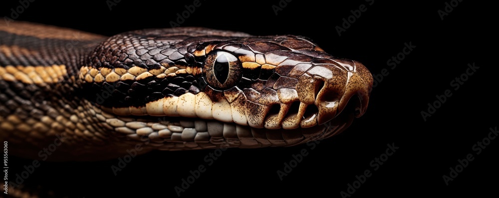 Macro shot of a python's head highlighting intricate scale details and intense gaze against a dark background, capturing the essence of wild beauty and mysterious allure in nature Macro shot of a python's head highlighting intricate scale details and intense gaze against a dark background, capturing the essence of wild beauty and mysterious allure in nature
