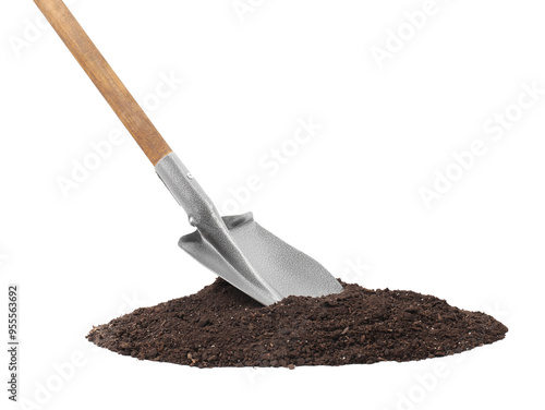 Metal shovel with wooden handle and pile of soil isolated on white