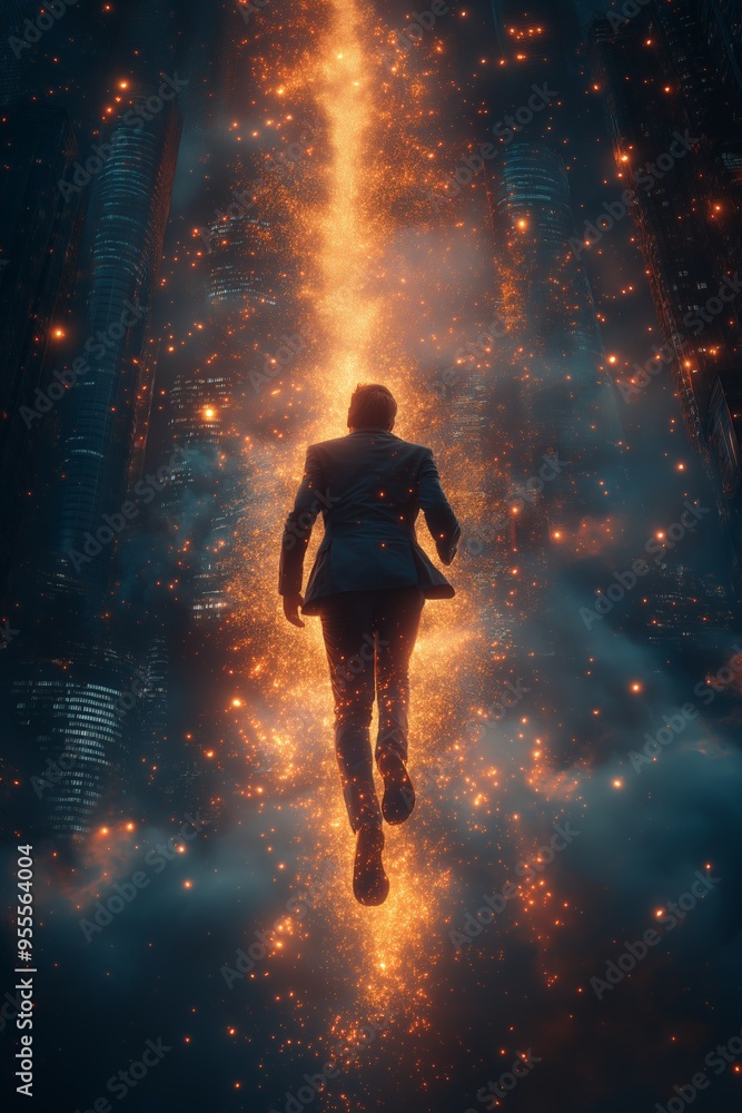 Businessman ascending through a futuristic cityscape filled with fiery energy, symbolizing ambition and the drive for success in a digital age Businessman ascending through a futuristic cityscape filled with fiery energy, symbolizing ambition and the drive for success in a digital age