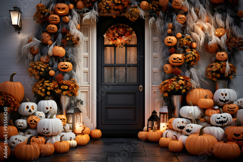 Front door of a house decorated with jack o'lanterns and pumpkins for Halloween