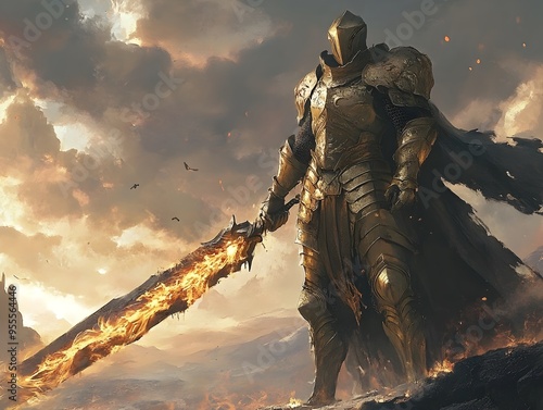 Valiant Knight in Gleaming Plate Mail Wielding Flame Emblazoned Sword in Sprawling Fantasy Landscape photo