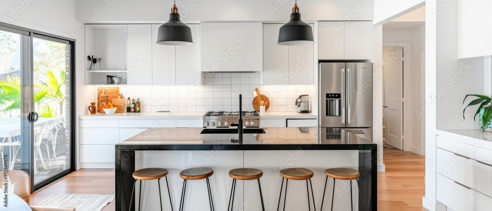 Modern kitchen interior with sleek design, featuring a large island and contemporary appliances, perfect for cooking and entertaining. Modern kitchen interior with sleek design, featuring a large island and contemporary appliances, perfect for cooking and entertaining.
