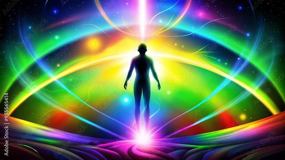 Glowing silhouette in a radiant rainbow light with cosmic energy Glowing silhouette in a radiant rainbow light with cosmic energy
