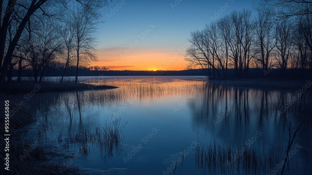 A tranquil evening by a Minnesota lake, with the water reflecting the soft light of the setting sun and the silhouettes of trees. A tranquil evening by a Minnesota lake, with the water reflecting the soft light of the setting sun and the silhouettes of trees.
