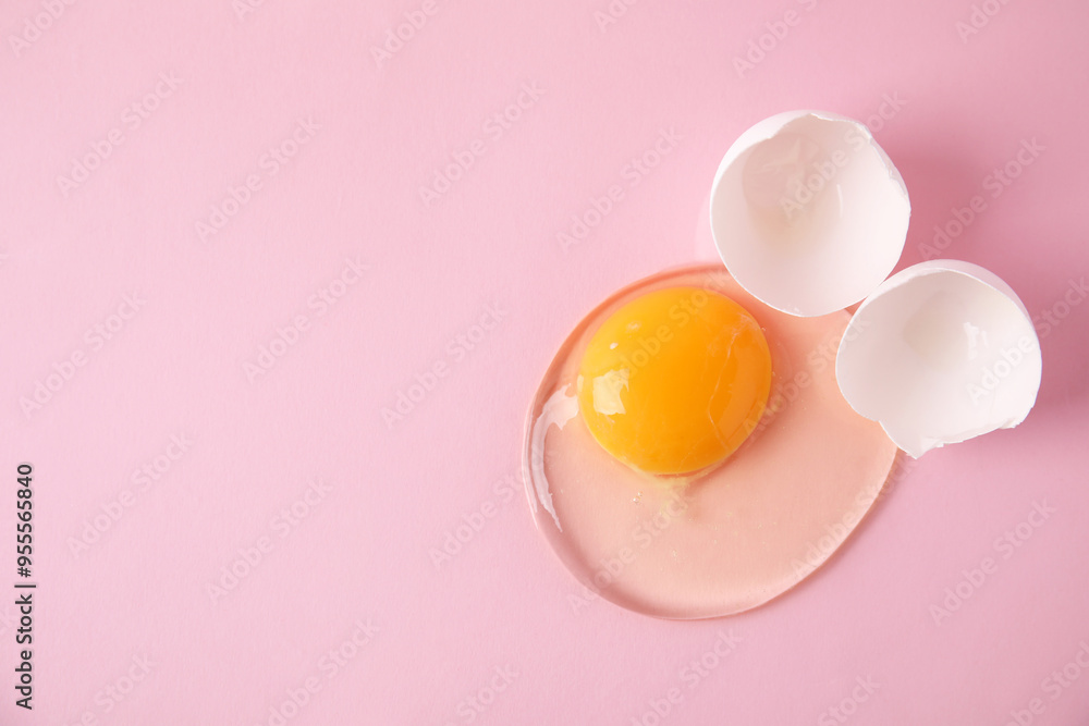 Fototapeta premium Broken raw egg and shell on pink background, top view. Space for text