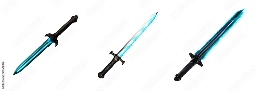 A set of three isolated, glowing fantasy swords on a transparent background, perfect for video game design or Halloween themes A set of three isolated, glowing fantasy swords on a transparent background, perfect for video game design or Halloween themes