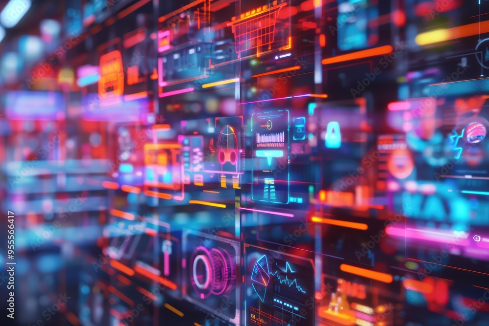 Vibrant data visualization with neon colors, showcasing digital interfaces and modern technology elements for creative projects. Vibrant data visualization with neon colors, showcasing digital interfaces and modern technology elements for creative projects.