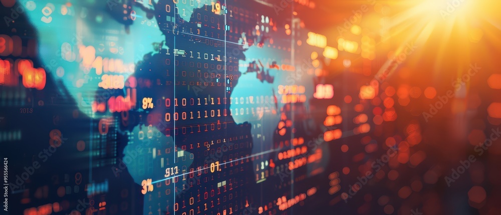 Vibrant digital world map with futuristic data overlay, highlighting global connections and technological advancements in a network. Vibrant digital world map with futuristic data overlay, highlighting global connections and technological advancements in a network.