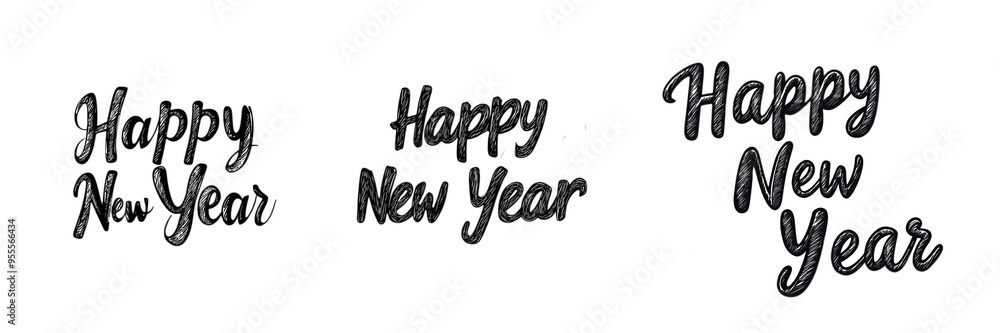 Sketched monochrome Happy New Year text isolated on a transparent background for holiday design projects Sketched monochrome Happy New Year text isolated on a transparent background for holiday design projects