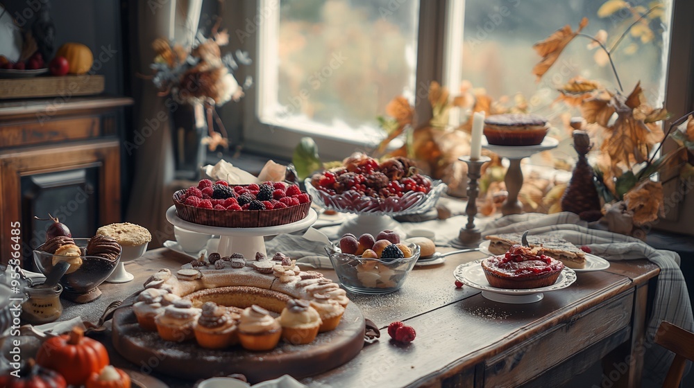 Inviting display of autumn desserts on a rustic table, with warm lighting and cozy atmosphere Inviting display of autumn desserts on a rustic table, with warm lighting and cozy atmosphere